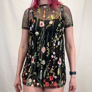 The Vintage Shop Women's Short Lace Overlay Mini Dress S SM Small Black Floral